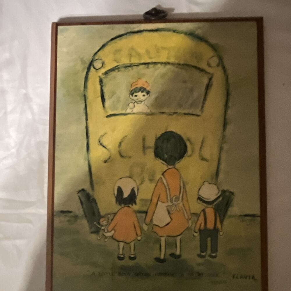 VTG Flavia Signed Print "A Little Body Often Harbors" artwork on wooden panel